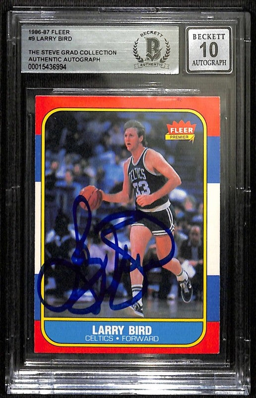 Larry Bird Signed 1986-87 Fleer Card Beckett BAS Auto Grade 10 Celtics HOF0