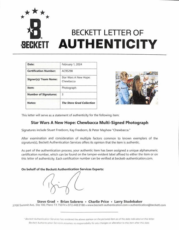Peter Mayhew Stuart & Kay Freeborn Star Wars Signed Auto 8x10 Photo BECKETT1