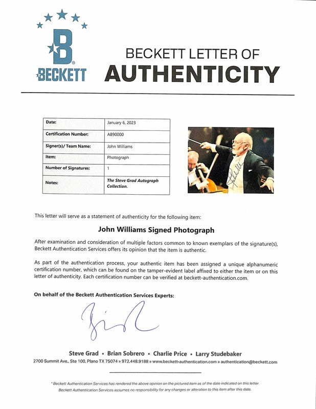 John Williams Composer Signed 11x14 Photograph BECKETT (Grad Collection)1