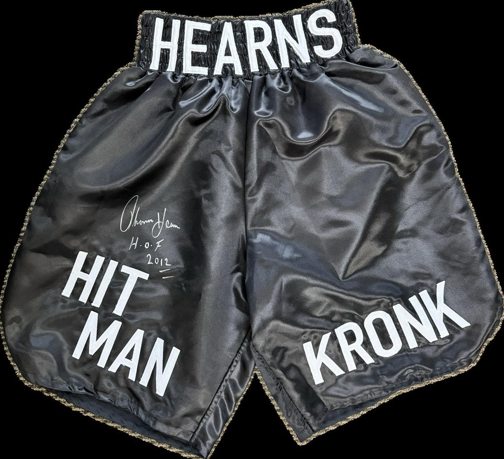 Thomas Hearns Signed "Hit Man" Boxing Trunks Insc "HOF 12" Beckett LOA0