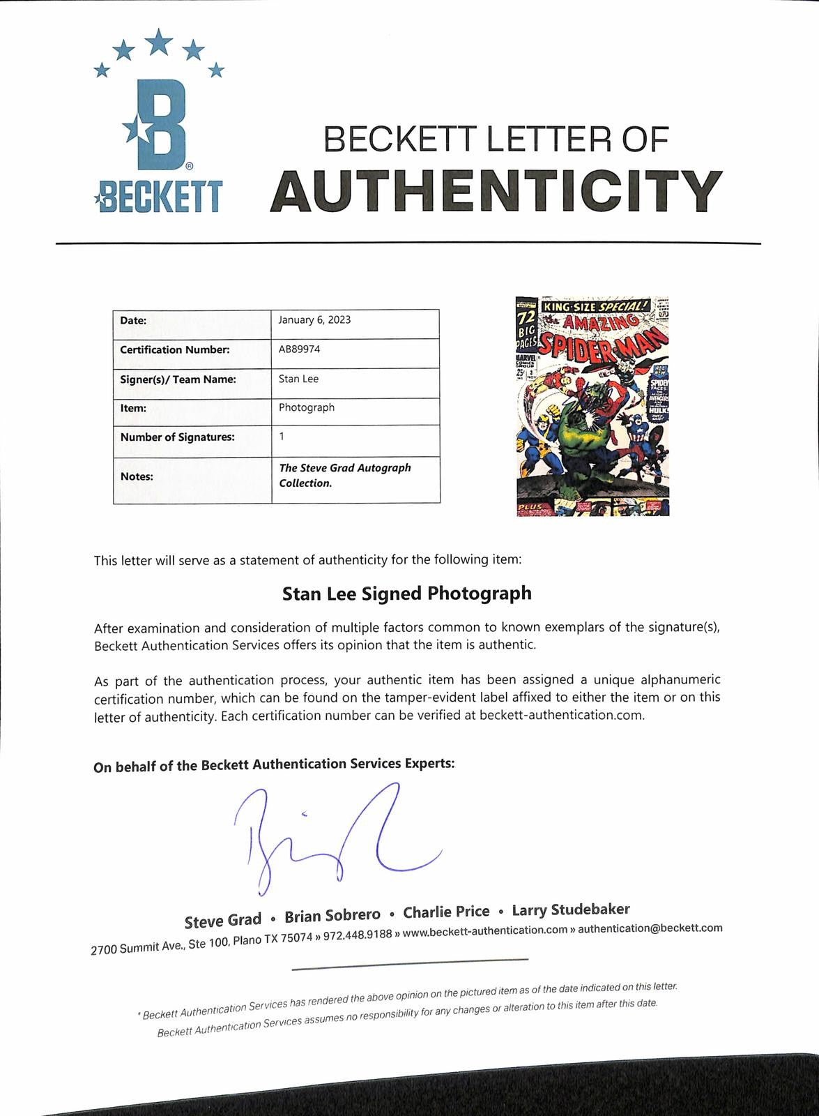 Stan Lee Signed Amazing Spider-Man Photograph 11x14 Beckett1