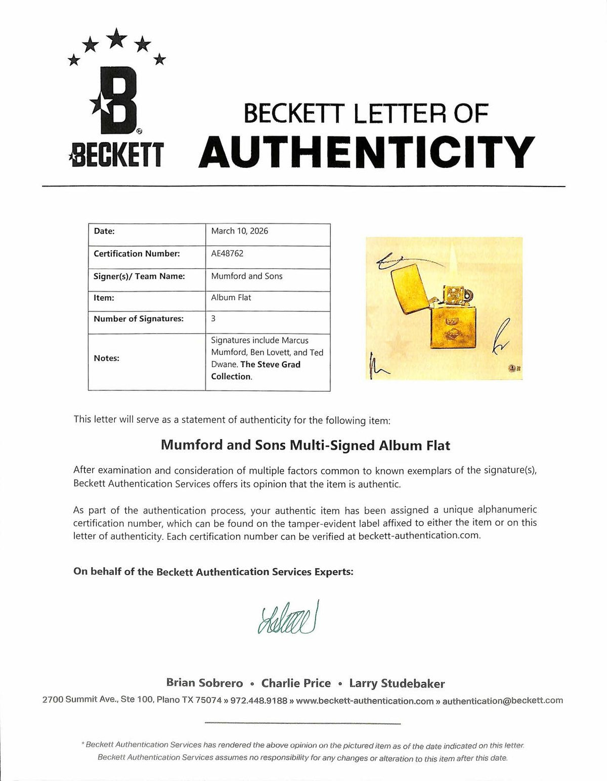 Mumford and Sons Signed x3 Prizefighter Album Flat Beckett LOA1