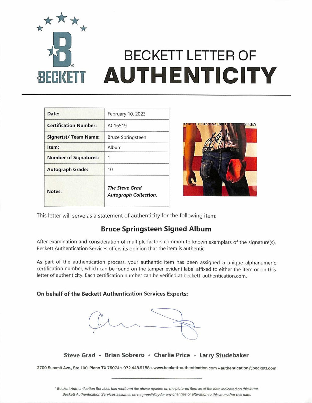 Bruce Springsteen Signed 'Born in the U.S.A.' Album Auto 10 BECKETT1
