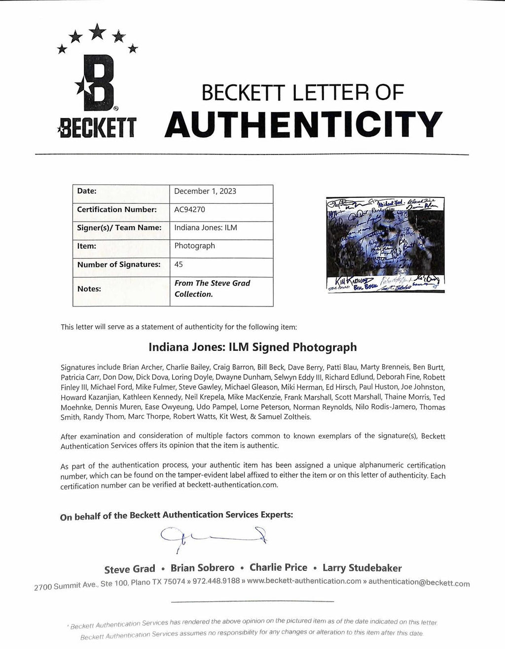 Indiana Jones Raiders of the Lost Ark ILM & BHS 45x Signed 8x10 Photo Beckett1