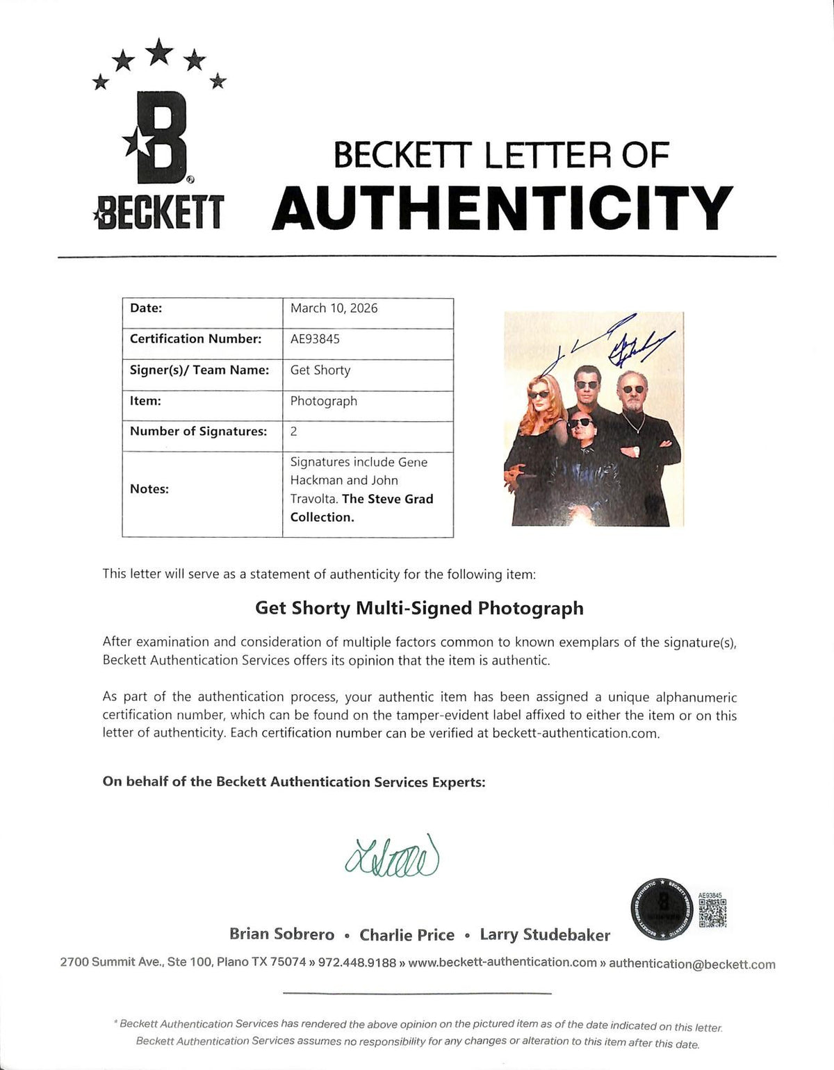 Gene Hackman & John Travolta Signed Get Shorty 8x10 Photo Beckett LOA0