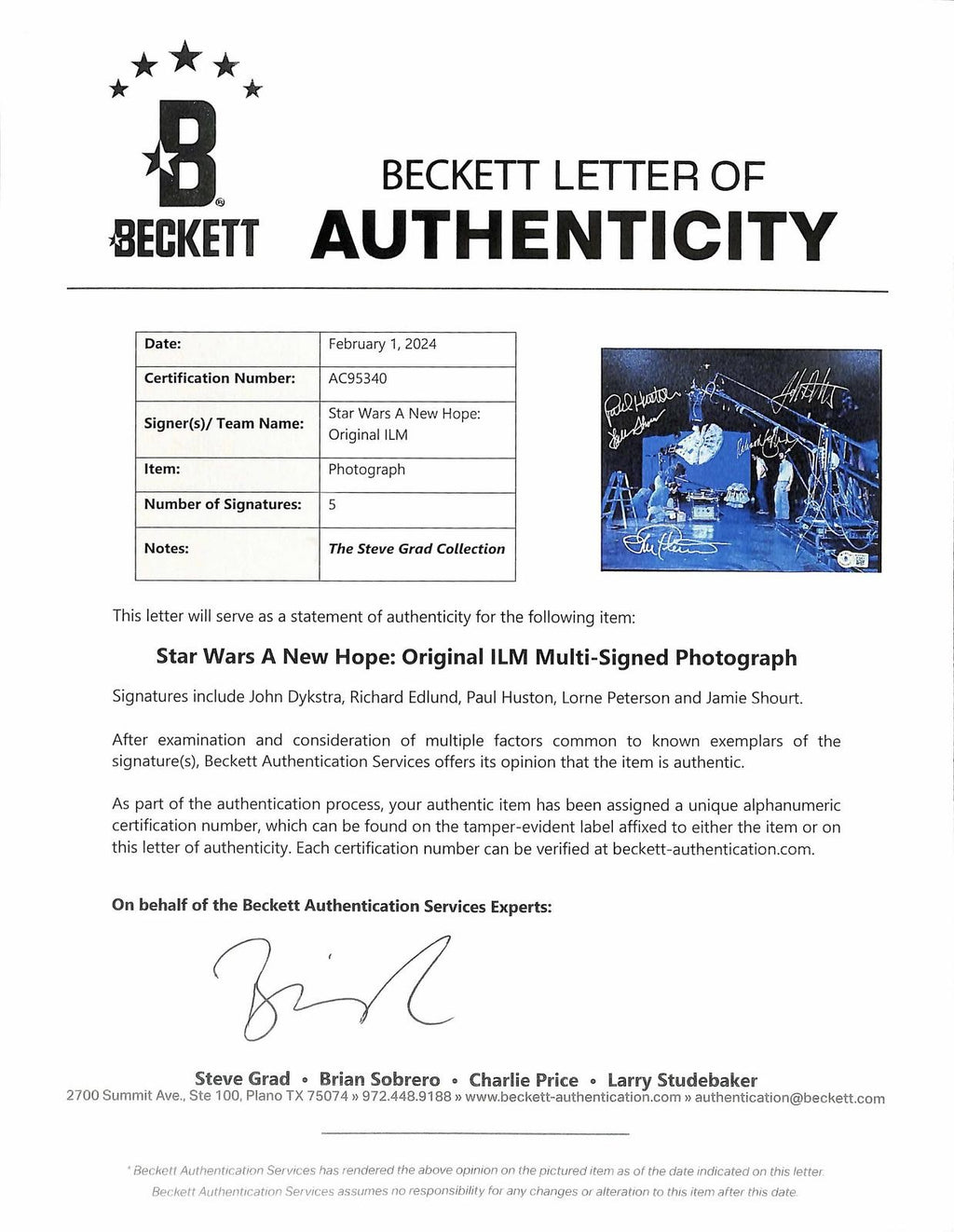 Star Wars ILM Millennium Falcon Signed BHS 8x10 Photo Beckett1