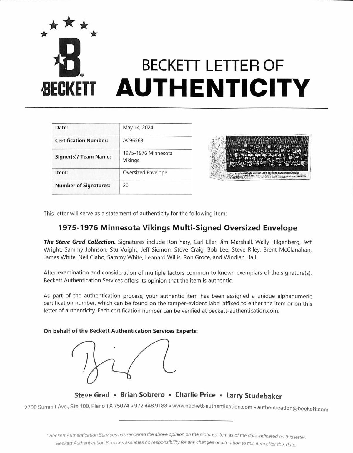 1975-1976 Minnesota Vikings Team Vintage Signed Envelope by 20! Beckett LOA1