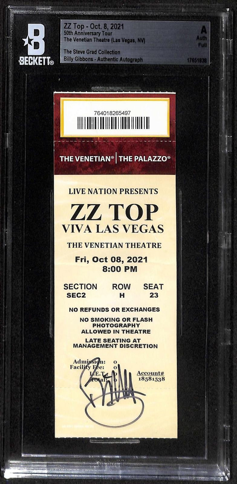 Billy Gibbons Signed ZZ Top 50th Anniversary Tour Ticket Beckett Slab0
