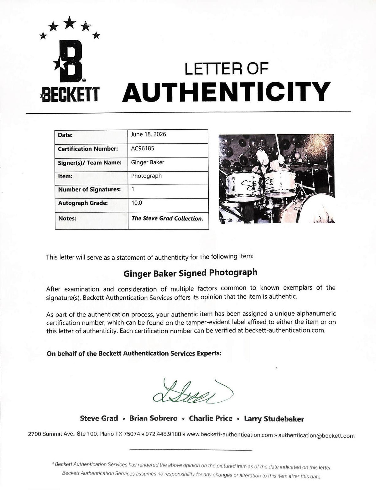 Ginger Baker Cream Signed On Stage 11x14 Photo Beckett AUTO 10 LOA1