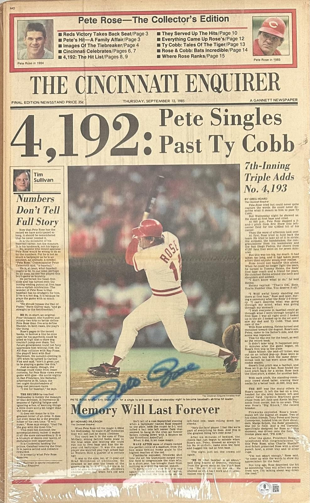 Pete Rose Signed #4192 Cincinnati Enquirer Newspaper 9-12-85 Beckett0