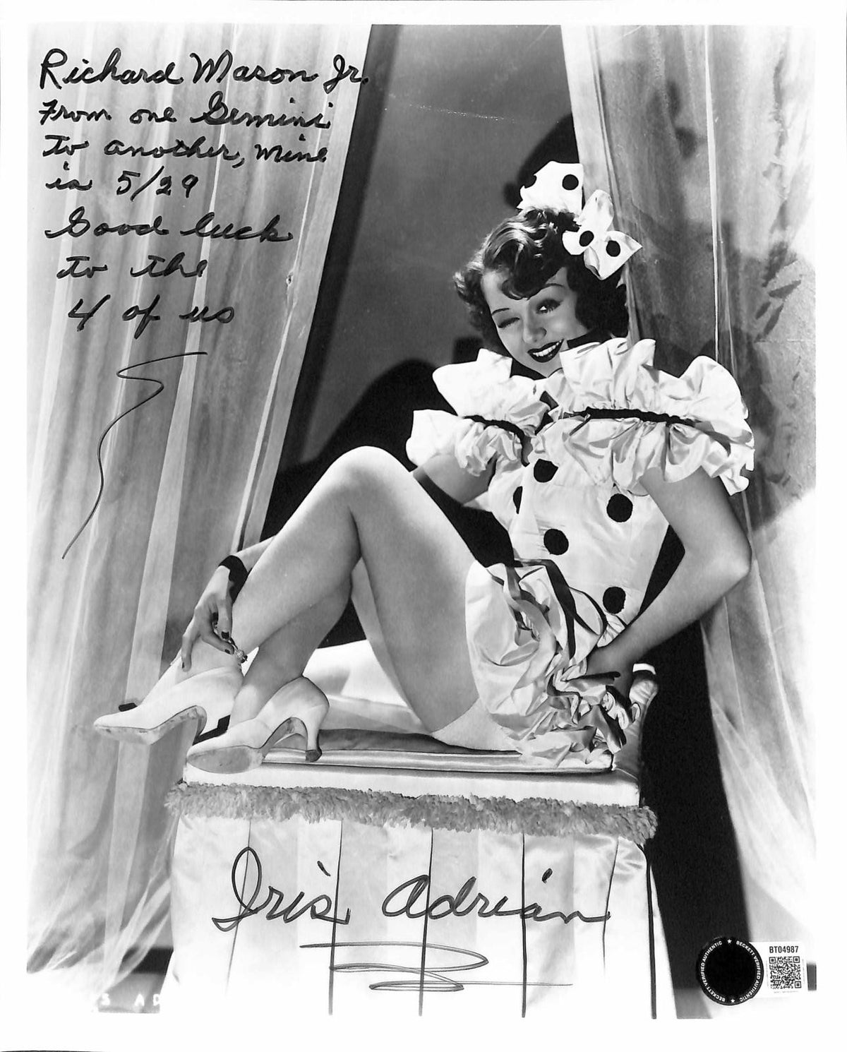 Iris Adrian Signed Inscribed 8x10 Black & White Photo Beckett Authenticated0