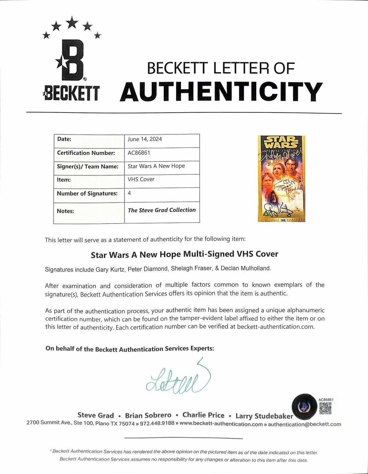Star Wars Multi-Signed VHS Cover Kurtz, Diamond, Fraser - Beckett LOA2