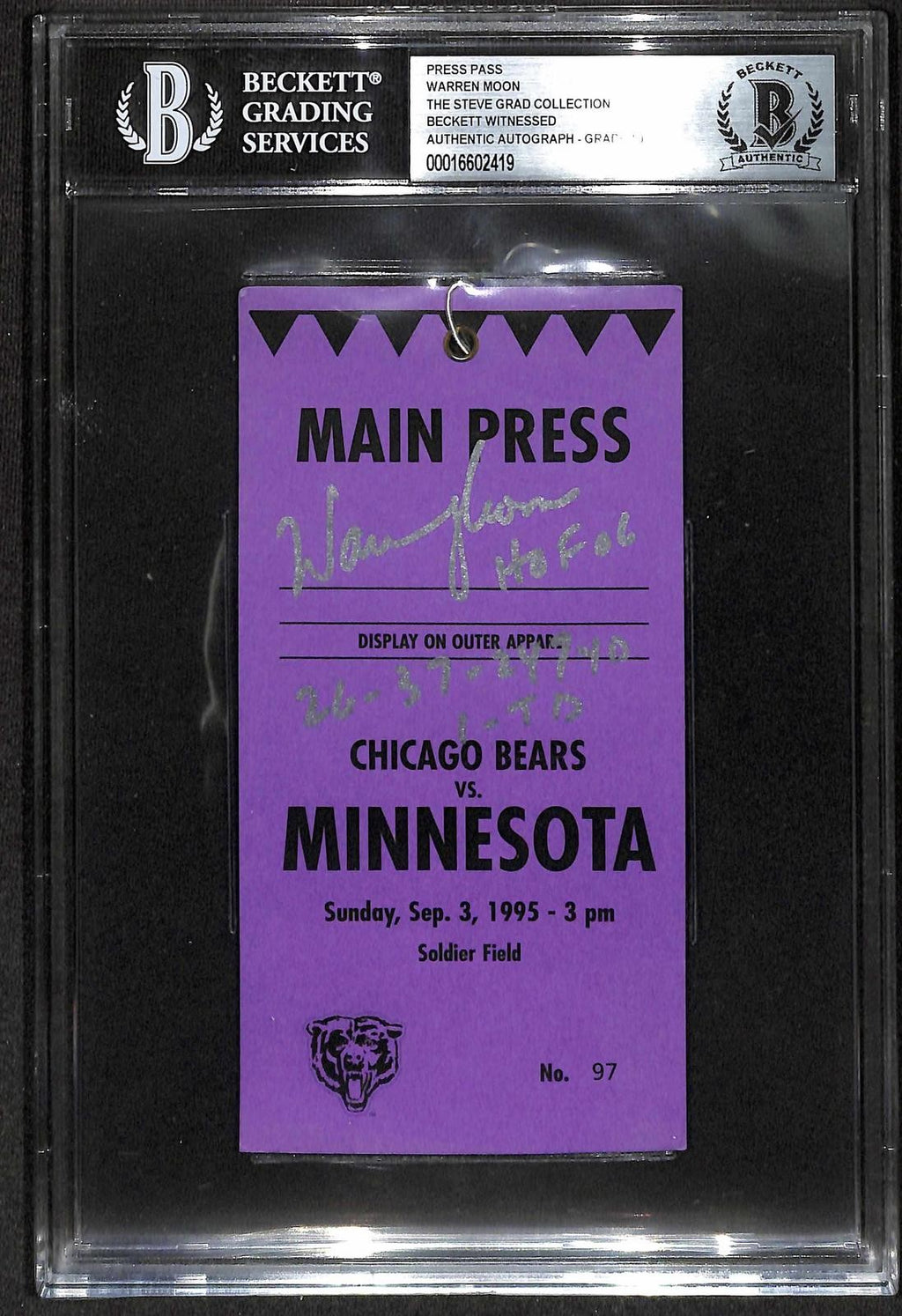 Warren Moon Signed Chicago Bears vs Minnesota 9/3/1995 Press Pass Beckett0
