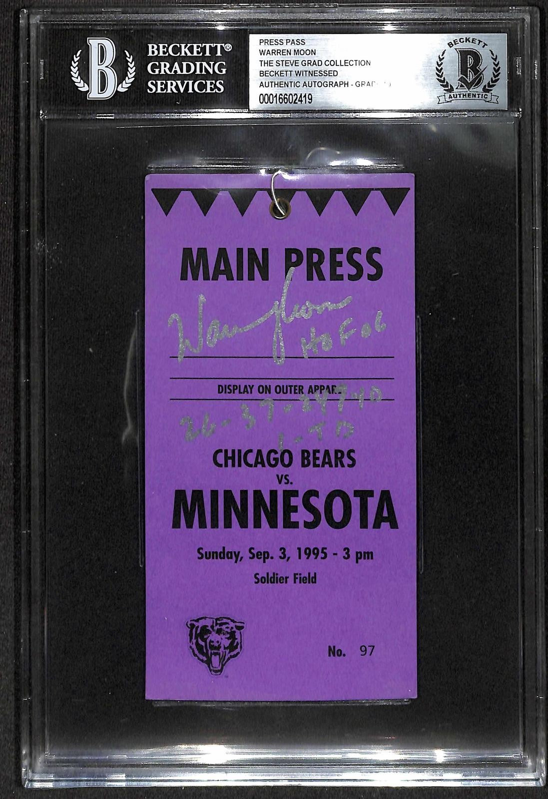 Warren Moon Signed Chicago Bears vs Minnesota 9/3/1995 Press Pass Beckett0