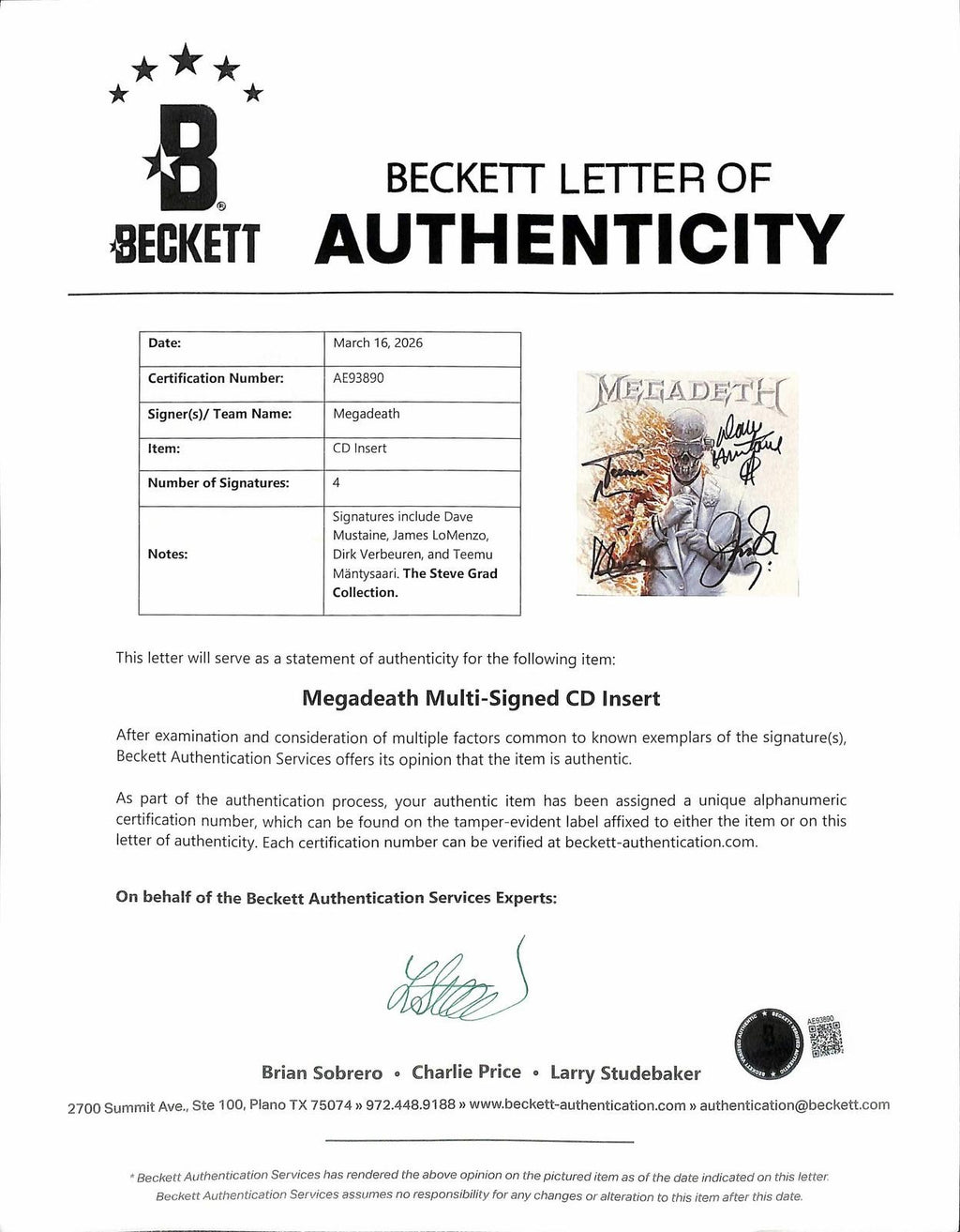 Megadeth Band Signed Self Titled CD Insert Beckett LOA Includes Full LP2