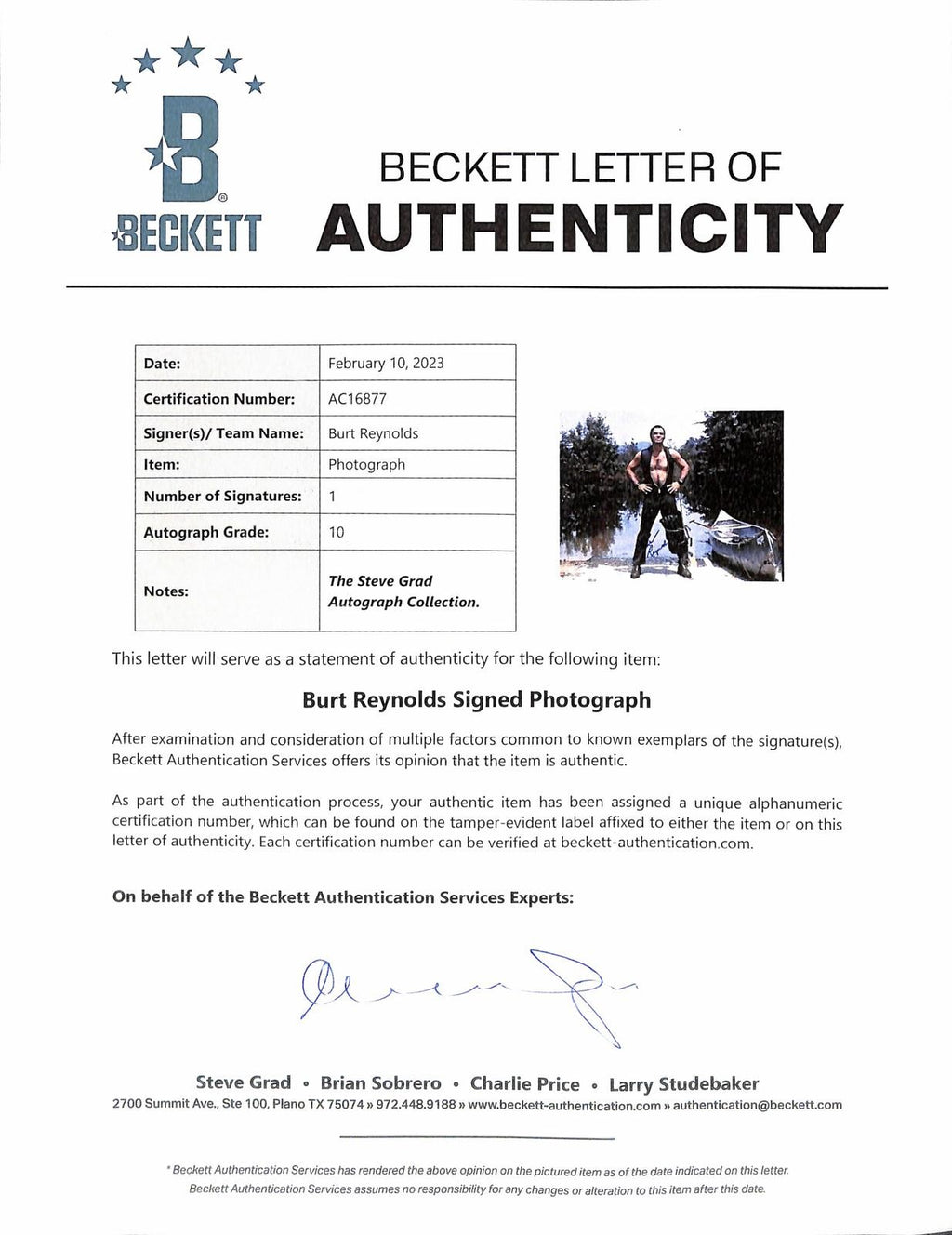 Burt Reynolds 'Deliverance' Signed Photograph 11x14 BECKETT1