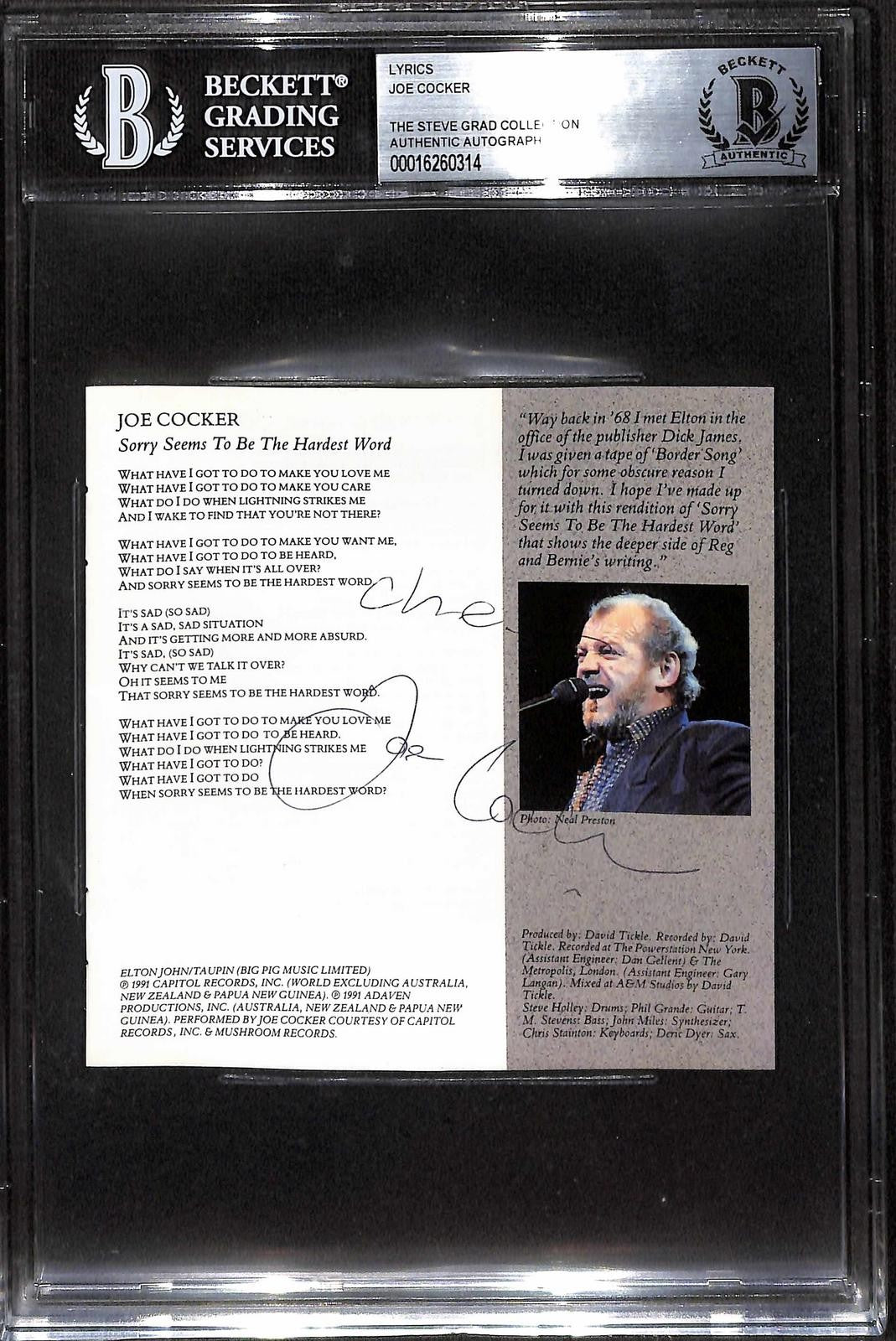 Joe Cocker Signed Lyrics CD Cover Beckett Slab Autograph0