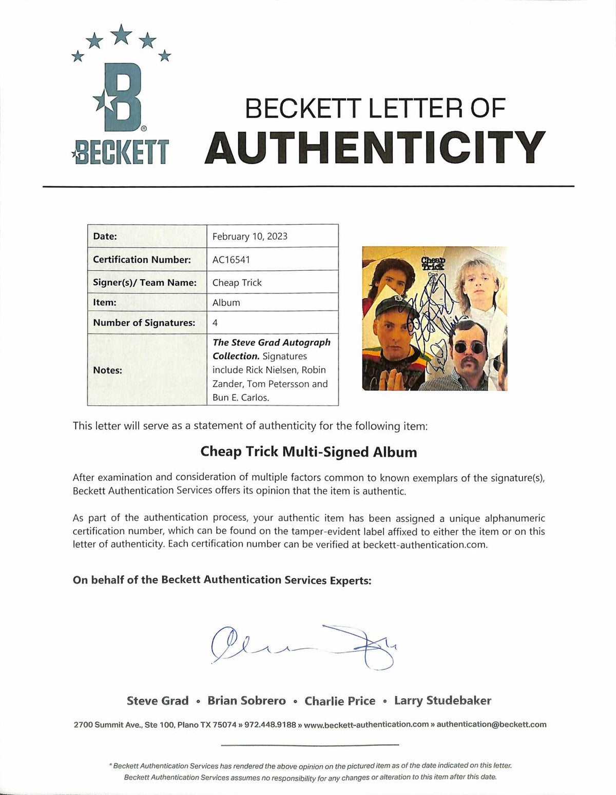 Cheap Trick Signed 'One on One' Album Beckett LOA1