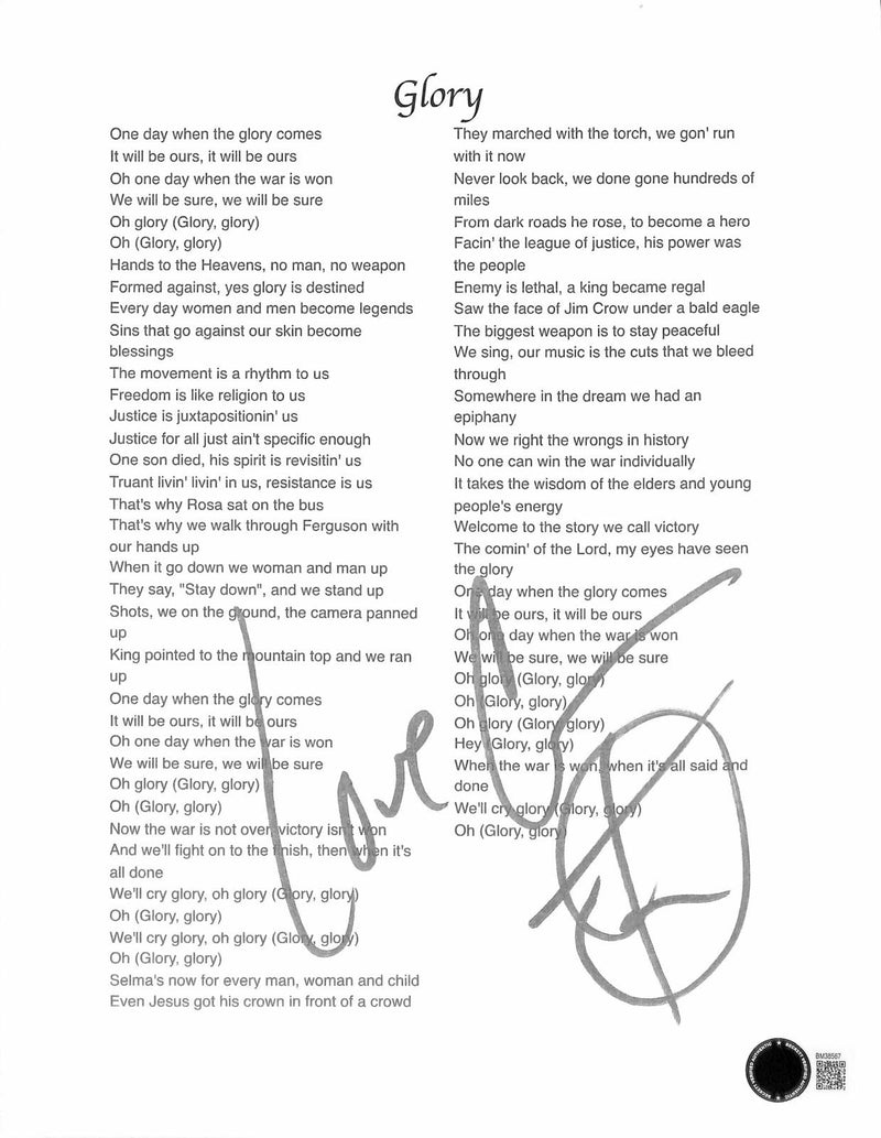 Common Signed 'Glory' Song Lyrics Script Cover BECKETT0