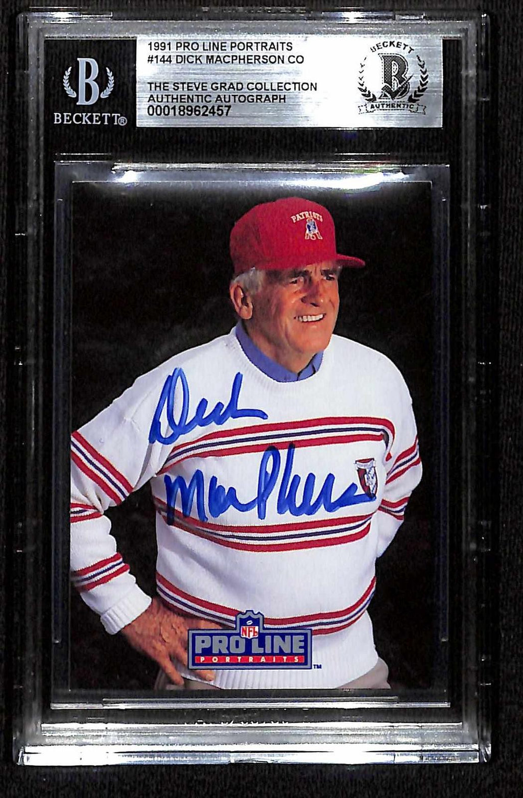 Dick MacPherson Patriots Signed 1991 Pro Line Portraits Card Beckett0