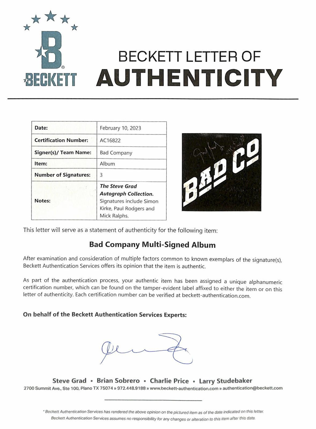 Bad Company  Kirk, Rodgers, Ralphs Signed Self Titled Album BECKETT1