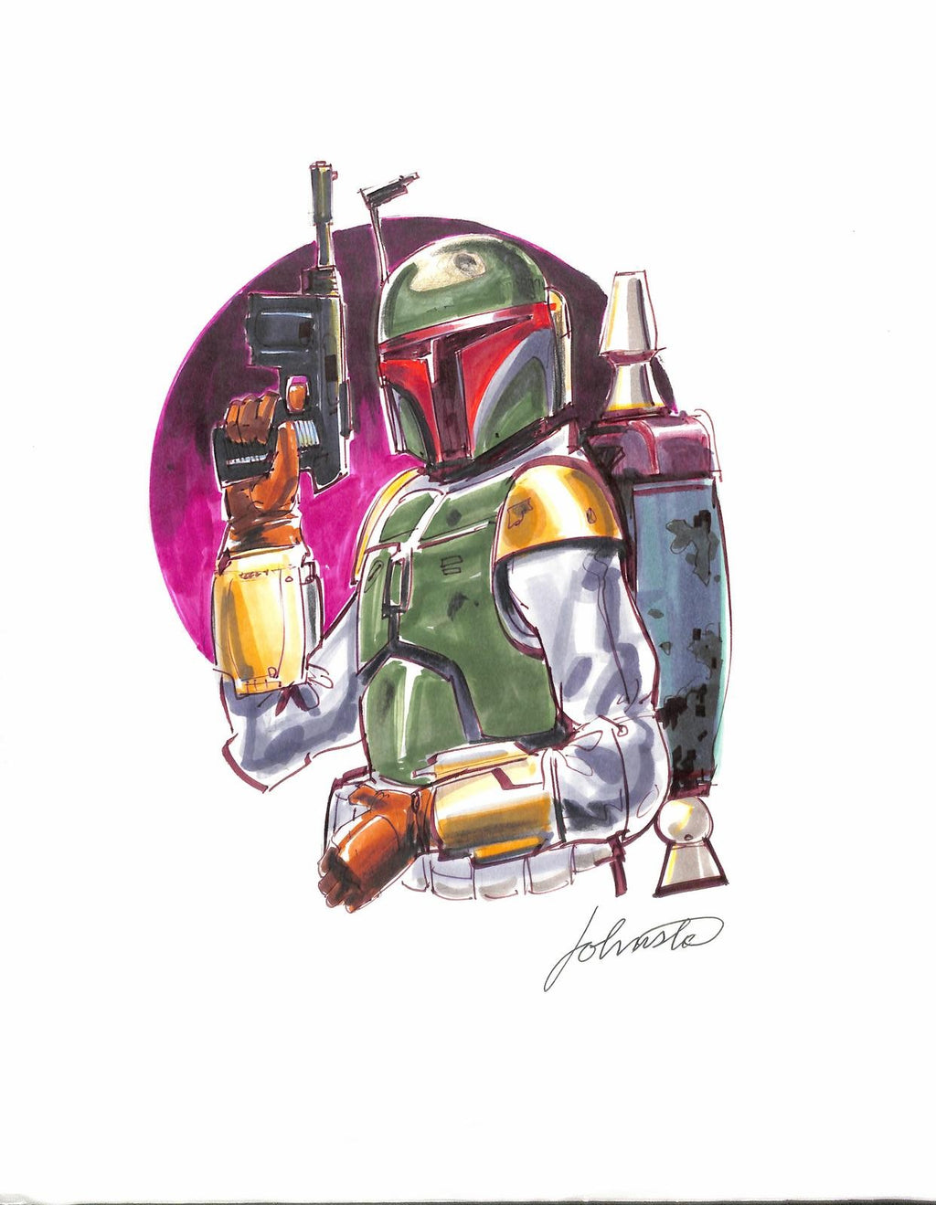 Joe Johnston Signed & Drawn Boba Fett Star Wars Original Artwork BECKETT0
