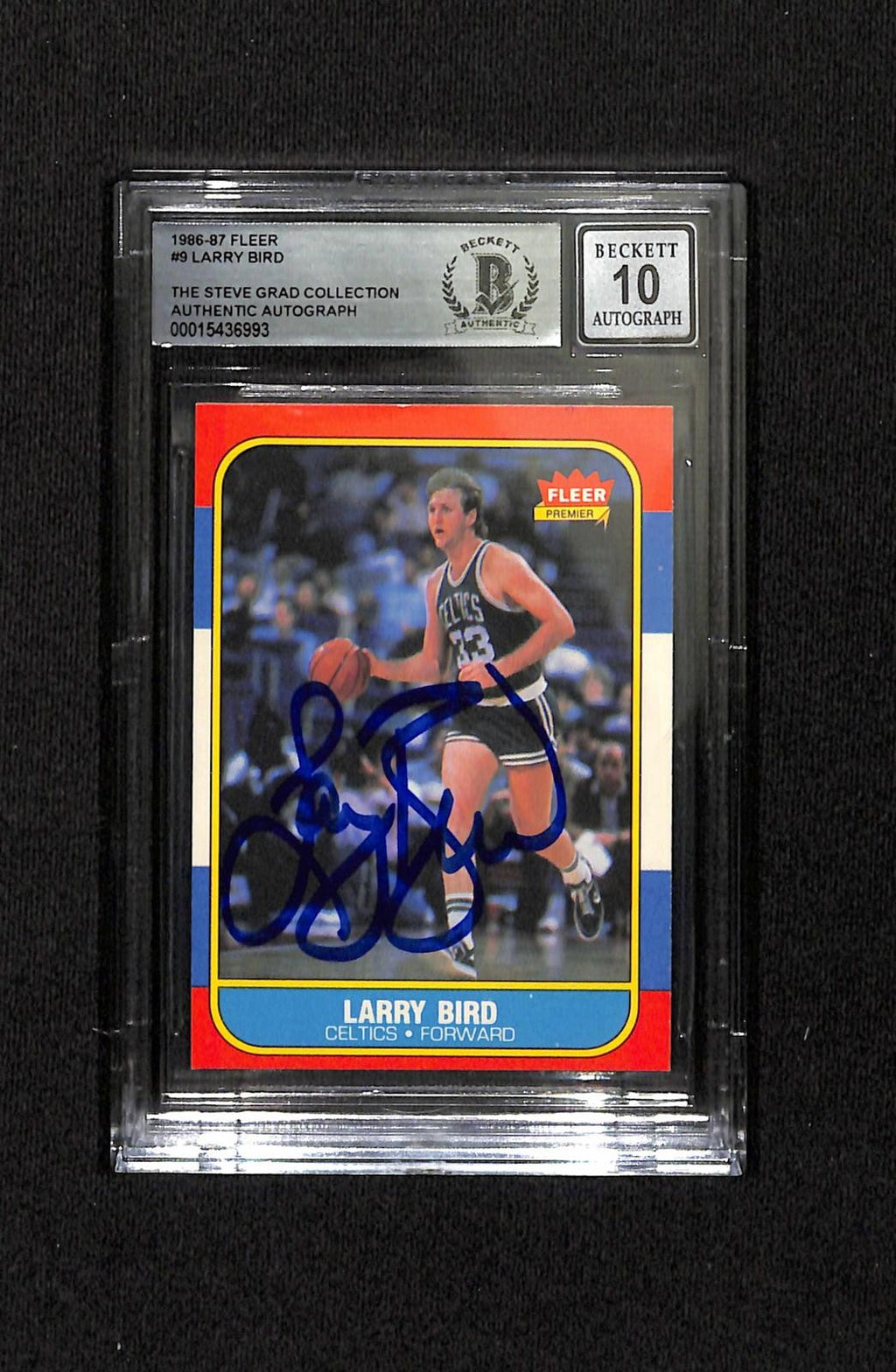 Larry Bird Signed 1986 Fleer #9 Trading Card Beckett Slab Autograph Grade 100