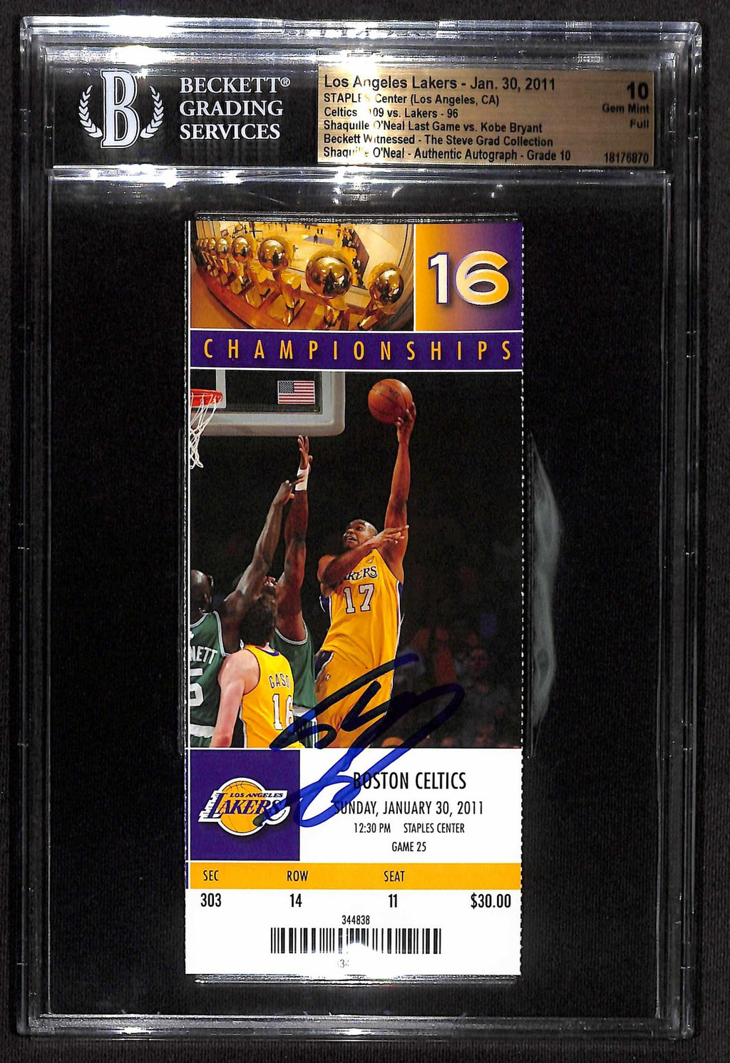 Shaquille O'Neal Final Game VS KOBE Signed 2011 LA VS BOS Ticket BAS AUTO 100