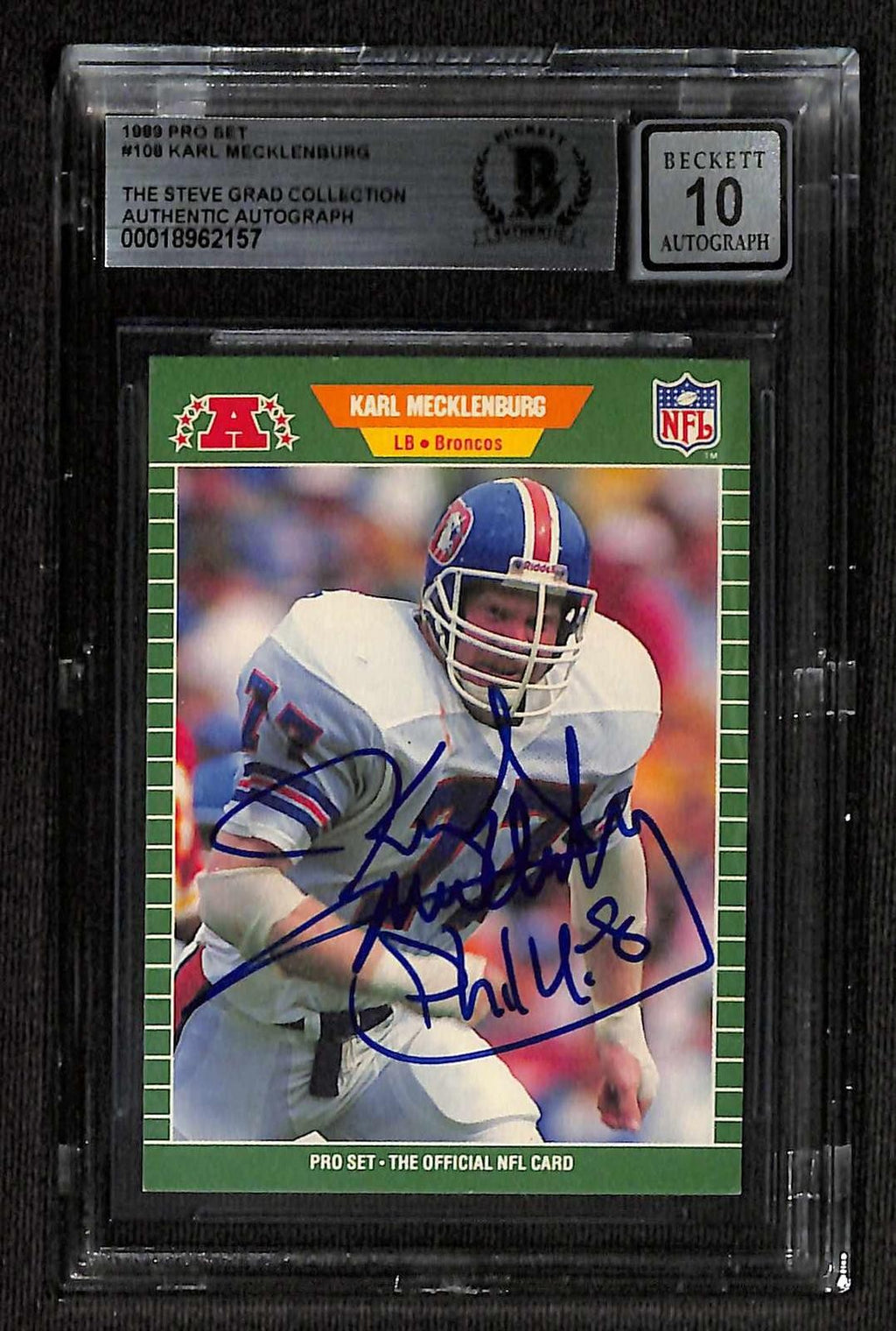 Karl Mecklenburg Signed 1989 Pro Set Broncos Card Beckett Auto 100
