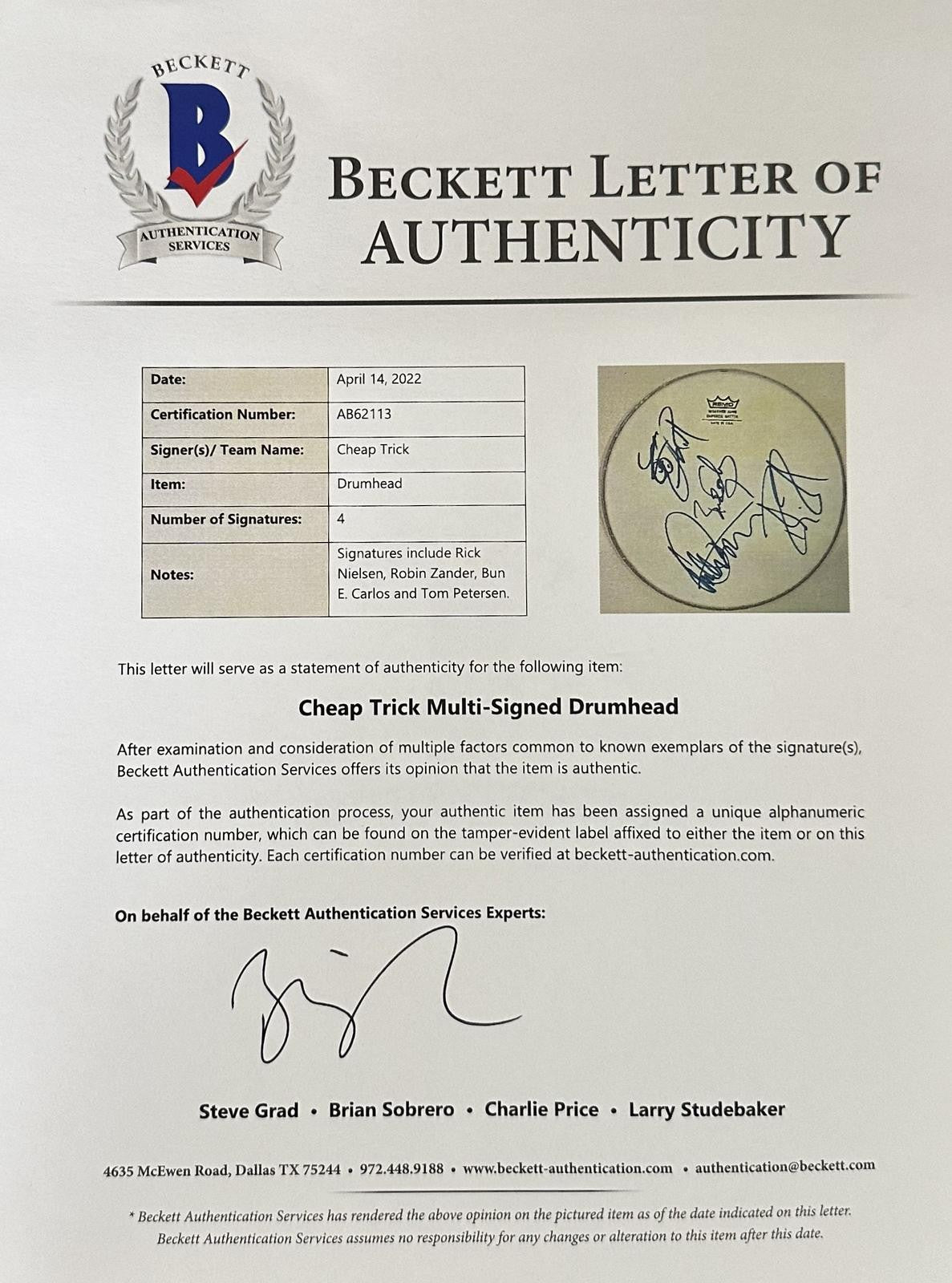 Cheap Trick Signed Drumhead Nielsen, Zander, Carlos, Petersen BECKETT LOA1