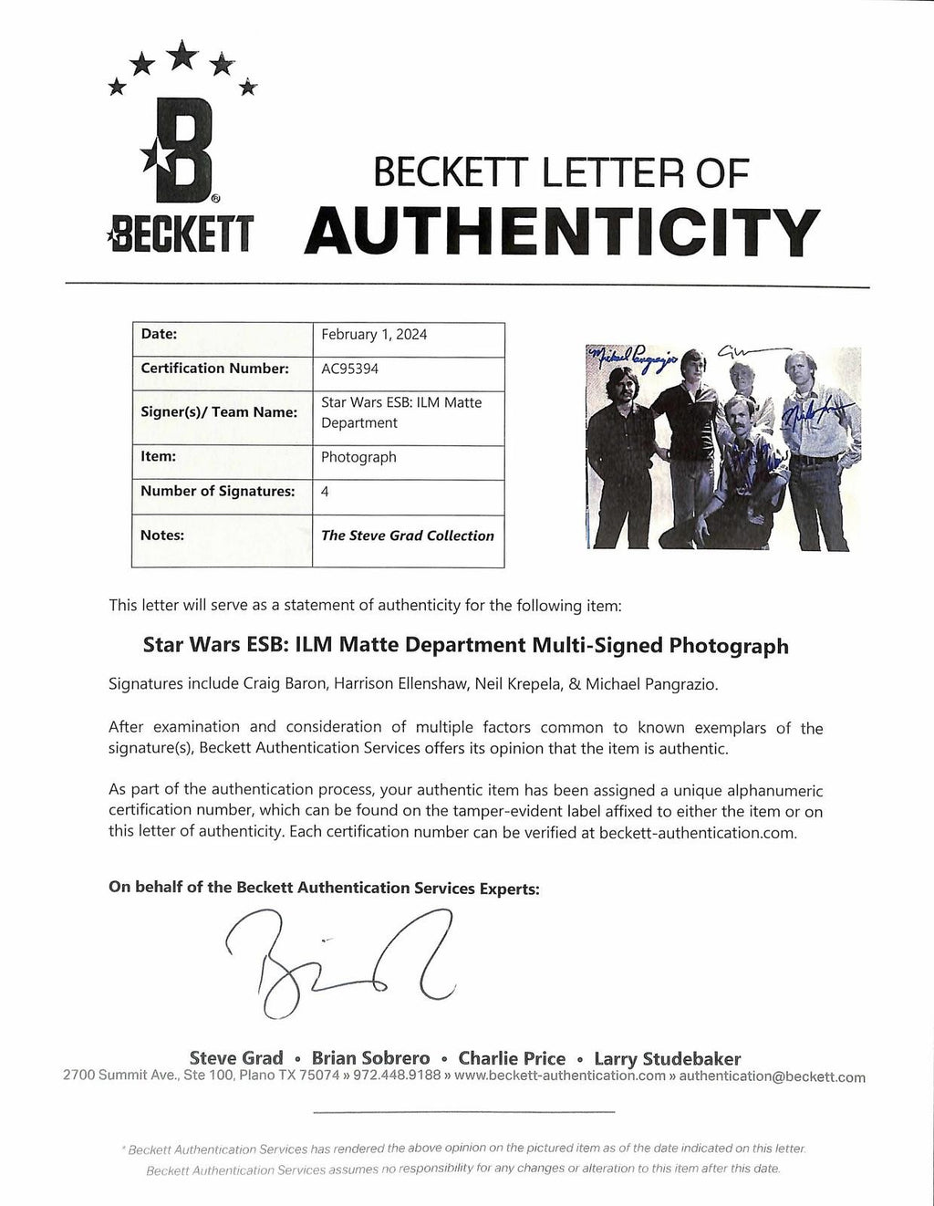 Star Wars ESB ILM Matte Dept Signed 8x10 Photo 4 Sigs! Beckett1