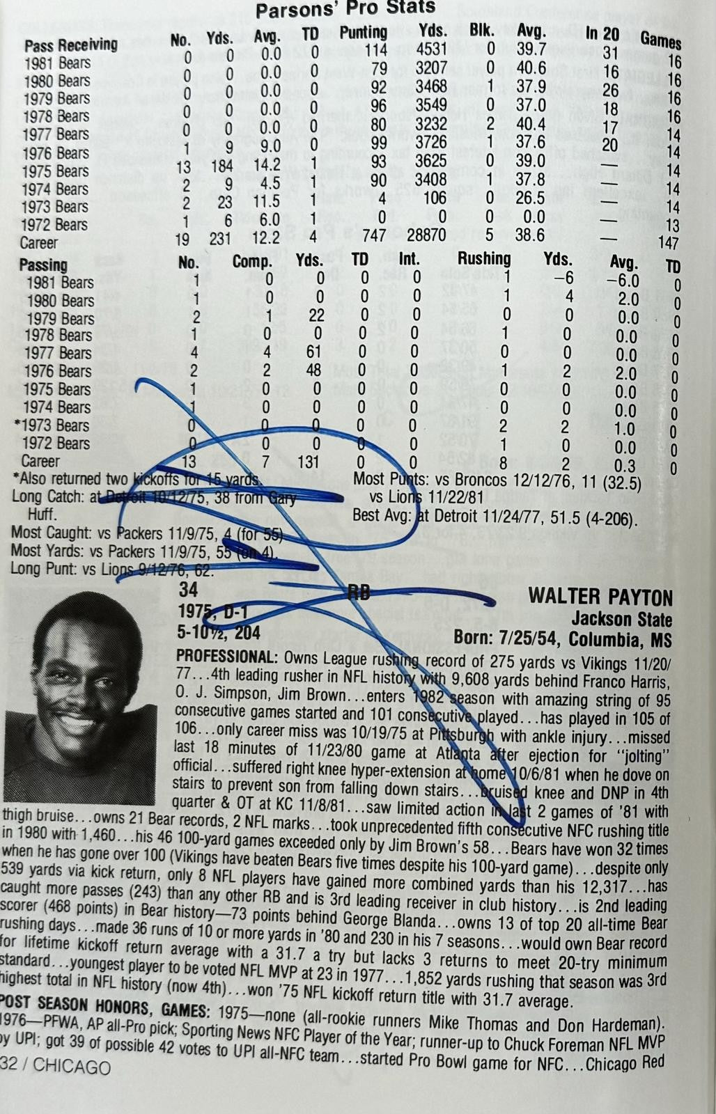 1982 Chicago Bears Signed Official Media Guide By 48! Payton Ditka BAS8