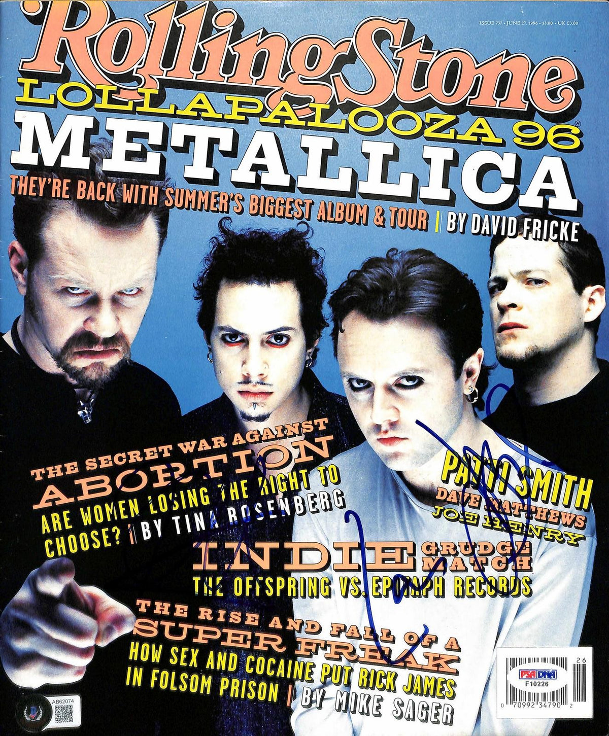 Metallica Ulrich Newsted Hammett Signed Rolling Stone Magazine BECKETT0