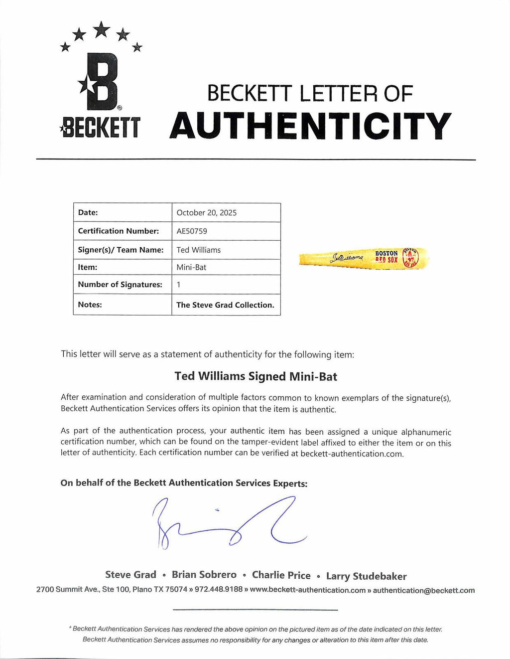 Ted Williams Signed Boston Red Sox Mini-Bat Beckett LOA3
