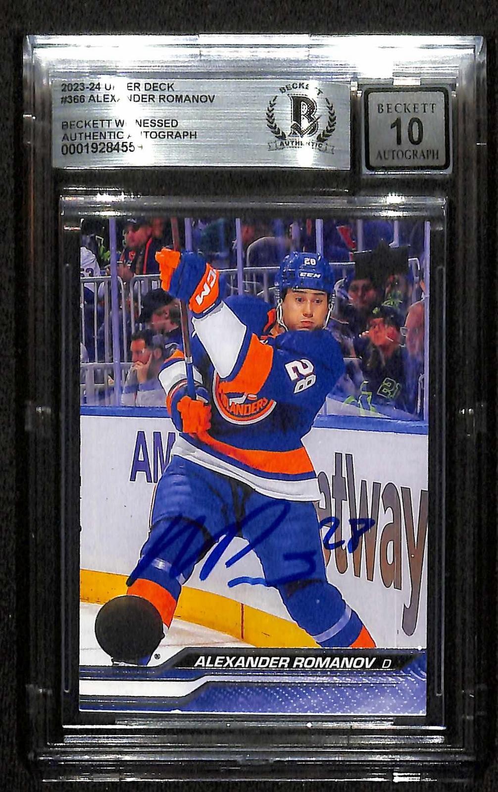 Alexander Romanov Signed 2023-24 UD Islanders Card Beckett Auto 100