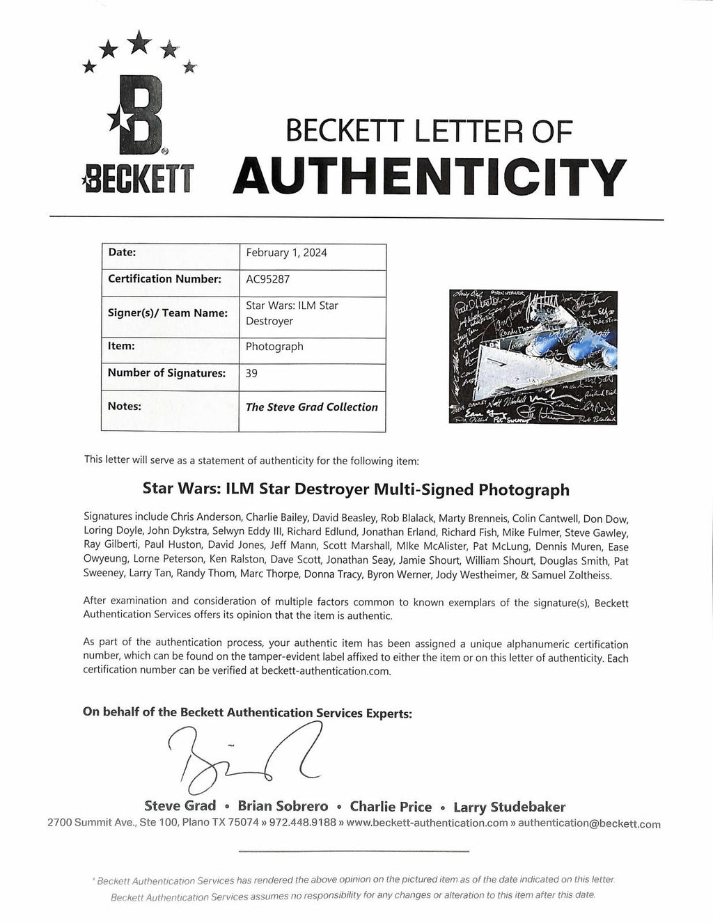 Star Wars ILM Star Destroyer Multi-Signed 8x10 Photo 39 Sigs! BECKETT1