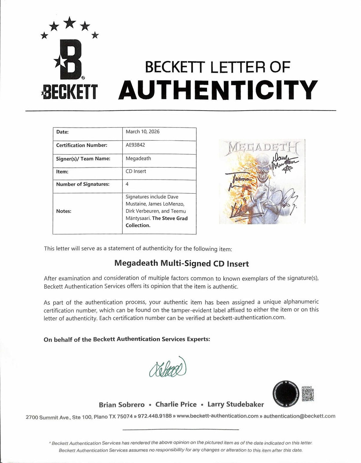 Megadeth Band Signed Self Titled CD Insert Beckett LOA w/Full Album Cover2