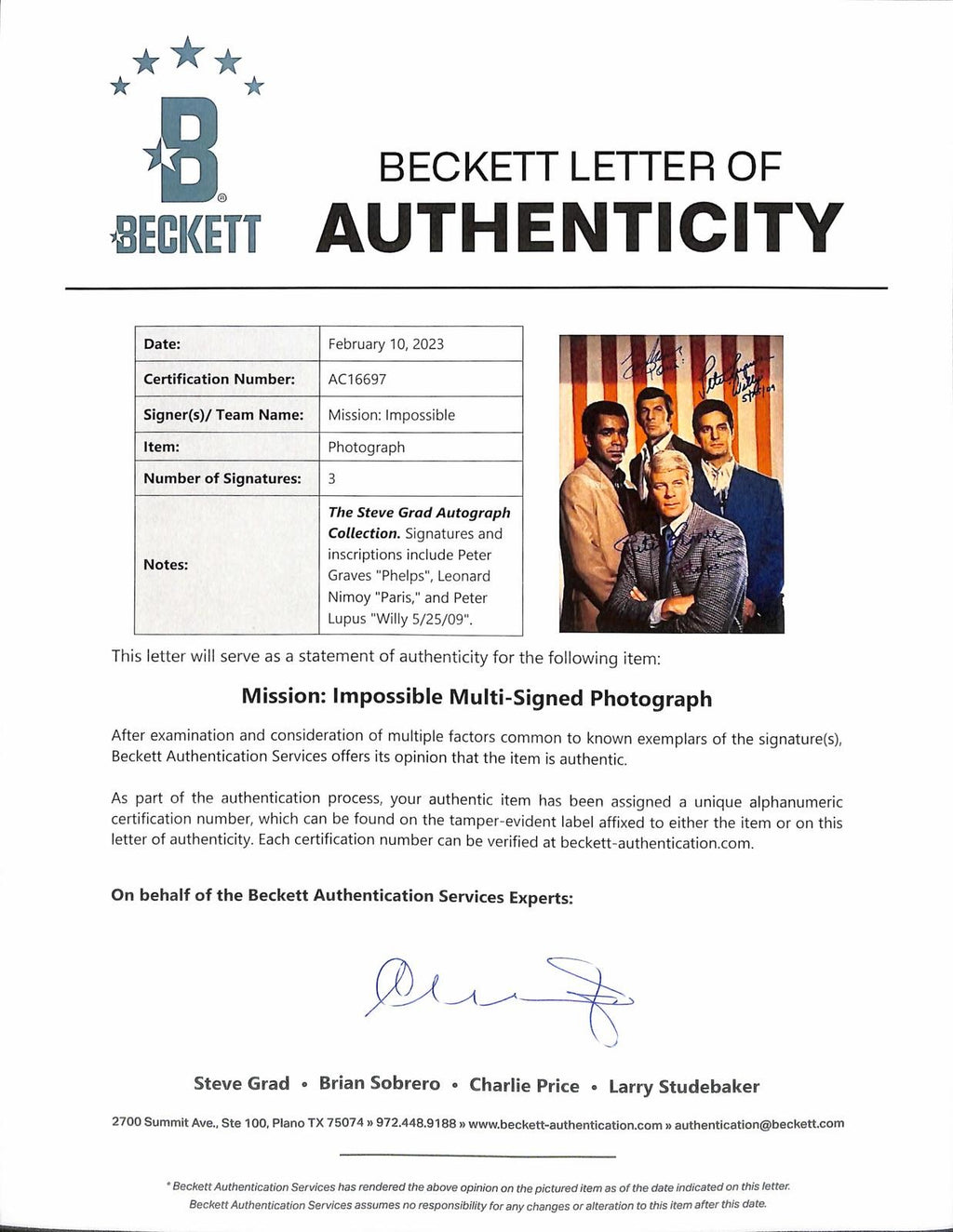 Mission: Impossible Cast x3 Signed 11x14 Photo Beckett LOA1