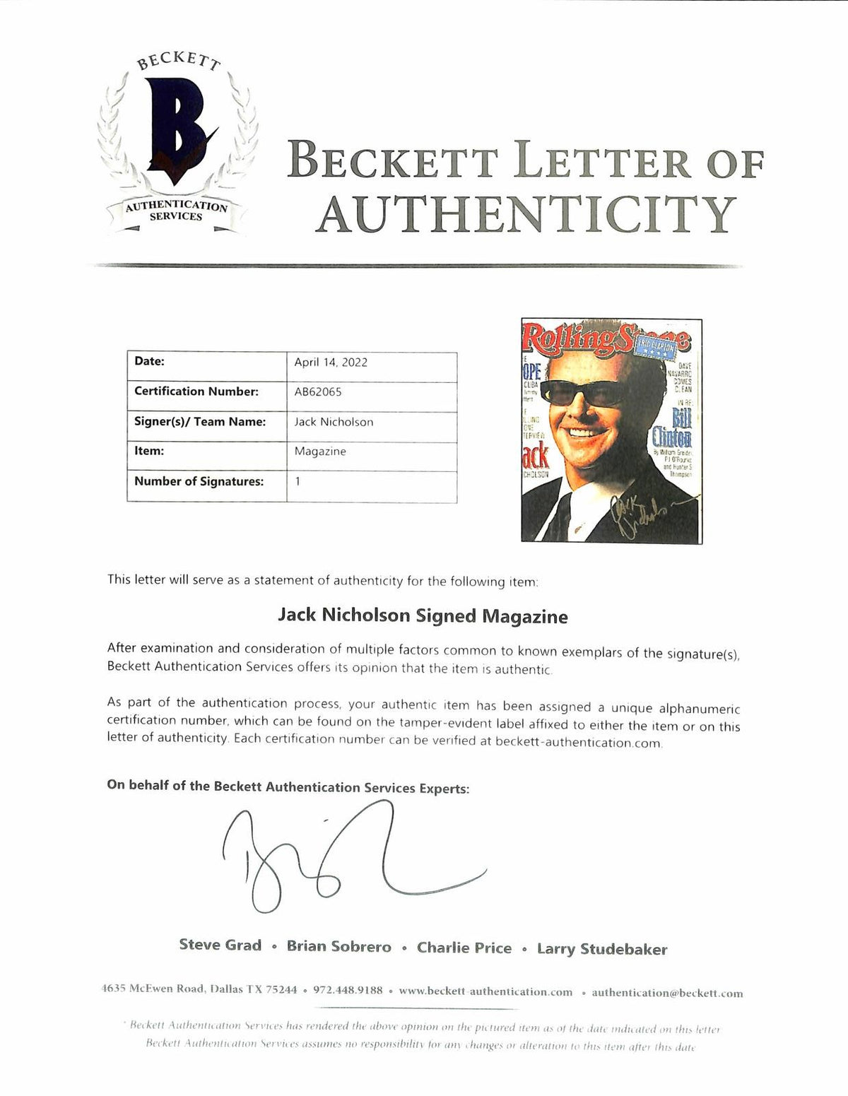 Jack Nicholson Signed Rolling Stone Magazine Photo BECKETT LOA1