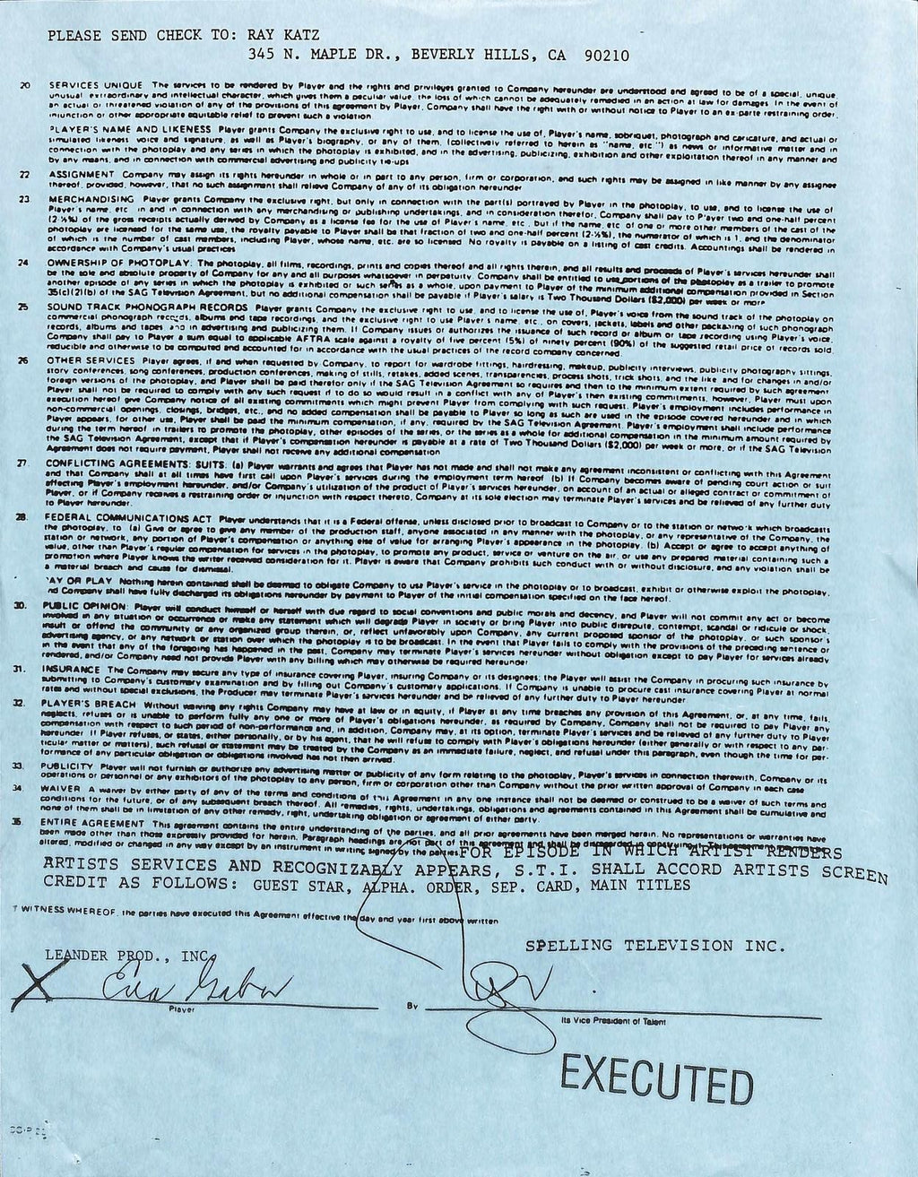 Eva Gabor Signed Spelling Television Contract Beckett Authenticated0