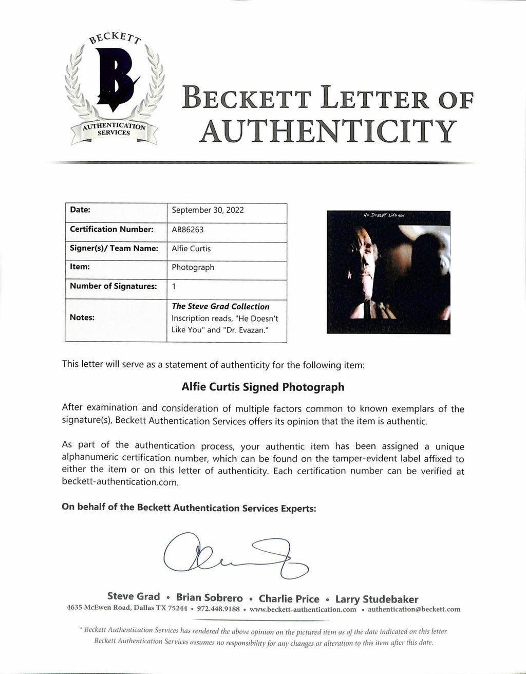 Alfie Curtis Signed & Insc "He Doesn't Like You" Star Wars 11x14 Photo Beckett1