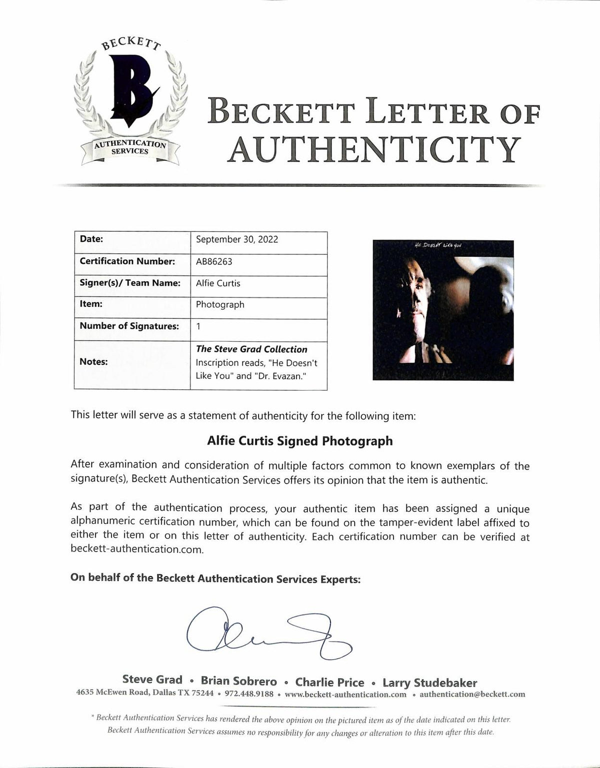 Alfie Curtis Signed & Insc "He Doesn't Like You" Star Wars 11x14 Photo Beckett1