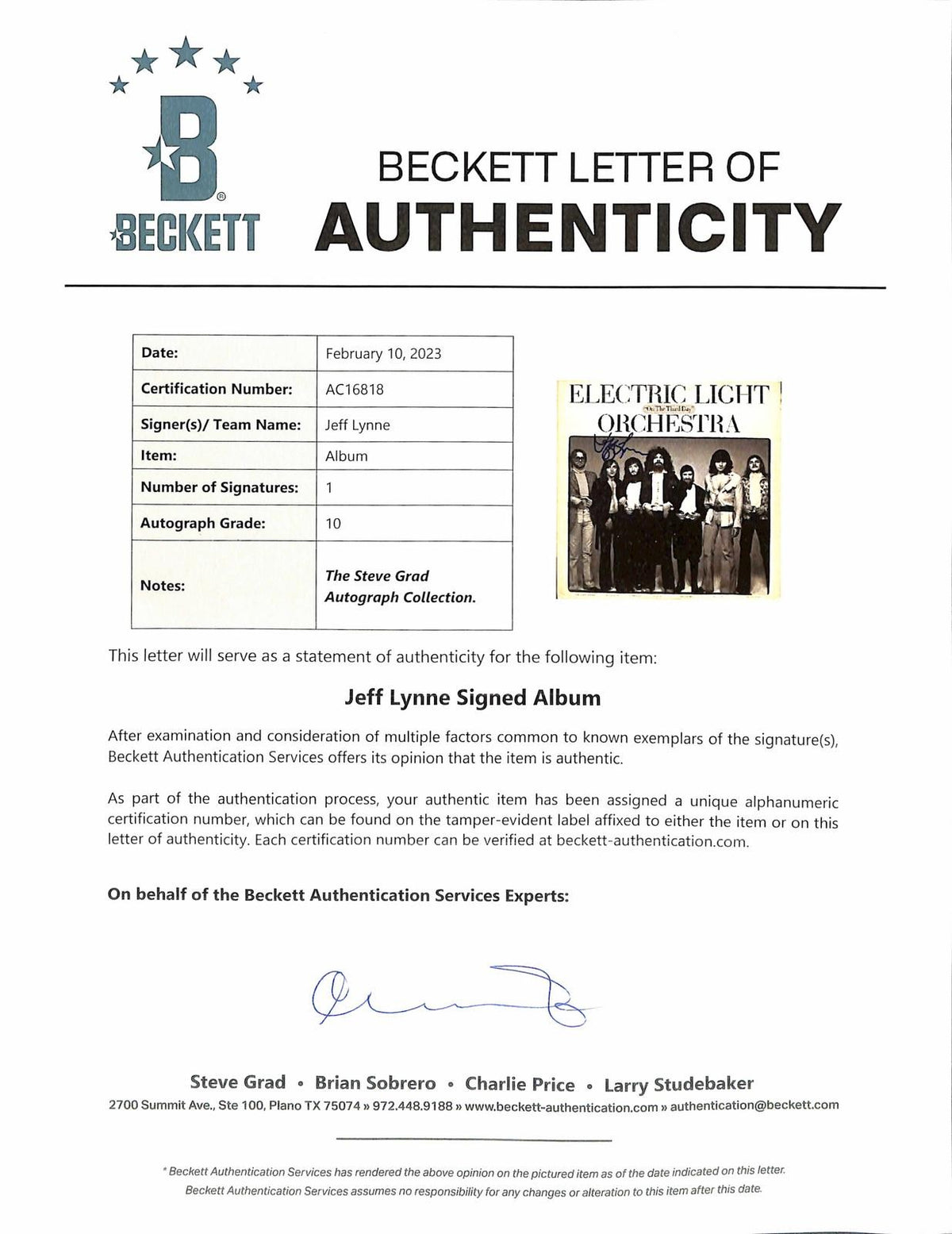 Jeff Lynne Signed Electric Light Orchestra Album Beckett AUTO 101