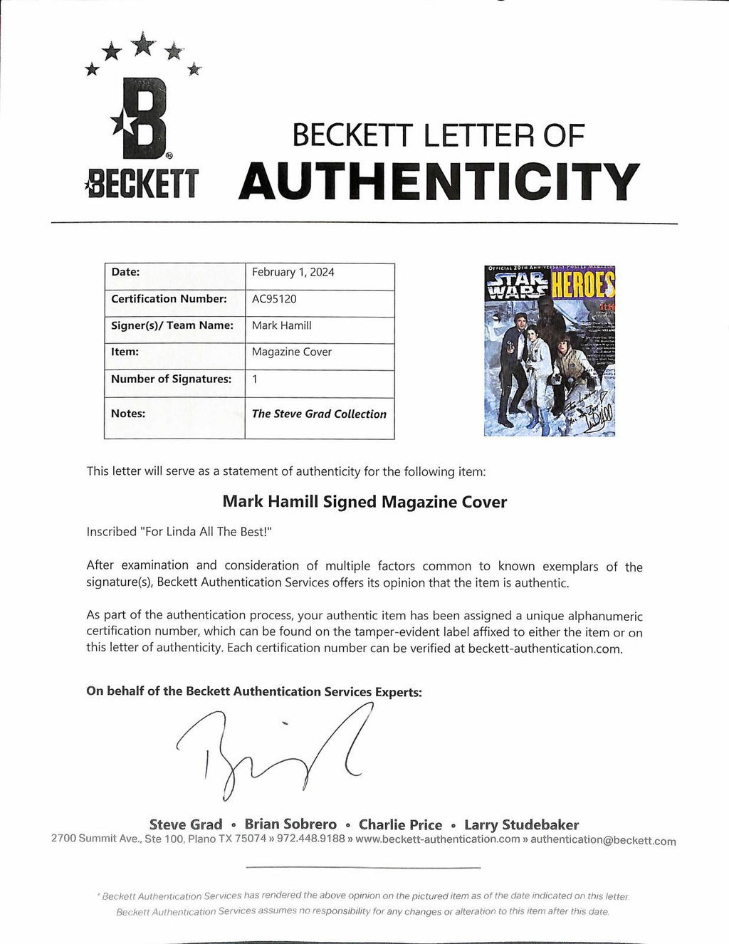 Mark Hamill Signed Star Wars Heroes Magazine Cover Beckett LOA1
