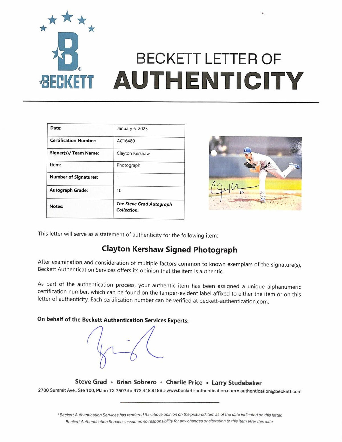 Clayton Kershaw LA Dodgers Signed 11x14 Photo BECKETT AUTO 101