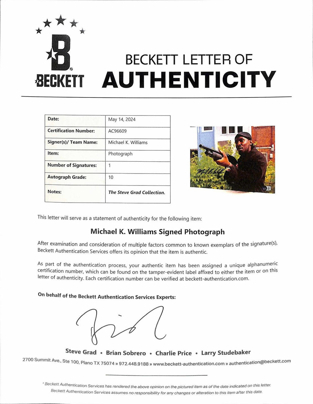 Michael K. Williams The Wire Signed 8x10 Photo Auto 10 BECKETT1