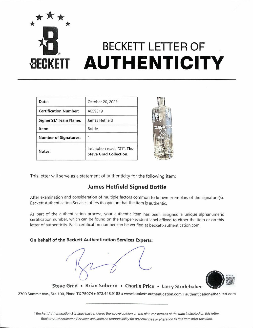 James Hetfield Metallica Founder Signed Blackened Whiskey Bottle Beckett2