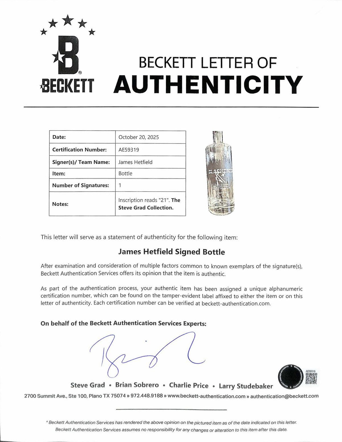 James Hetfield Metallica Founder Signed Blackened Whiskey Bottle Beckett2