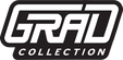 Black and white logo of 'Grad Collection' on a black background